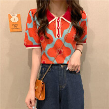 Women Puff Short Sleeve Printed Flowers Sweaters Shirts Polo Collar Cropped Thin Sweater Pullover Crop Top For Female