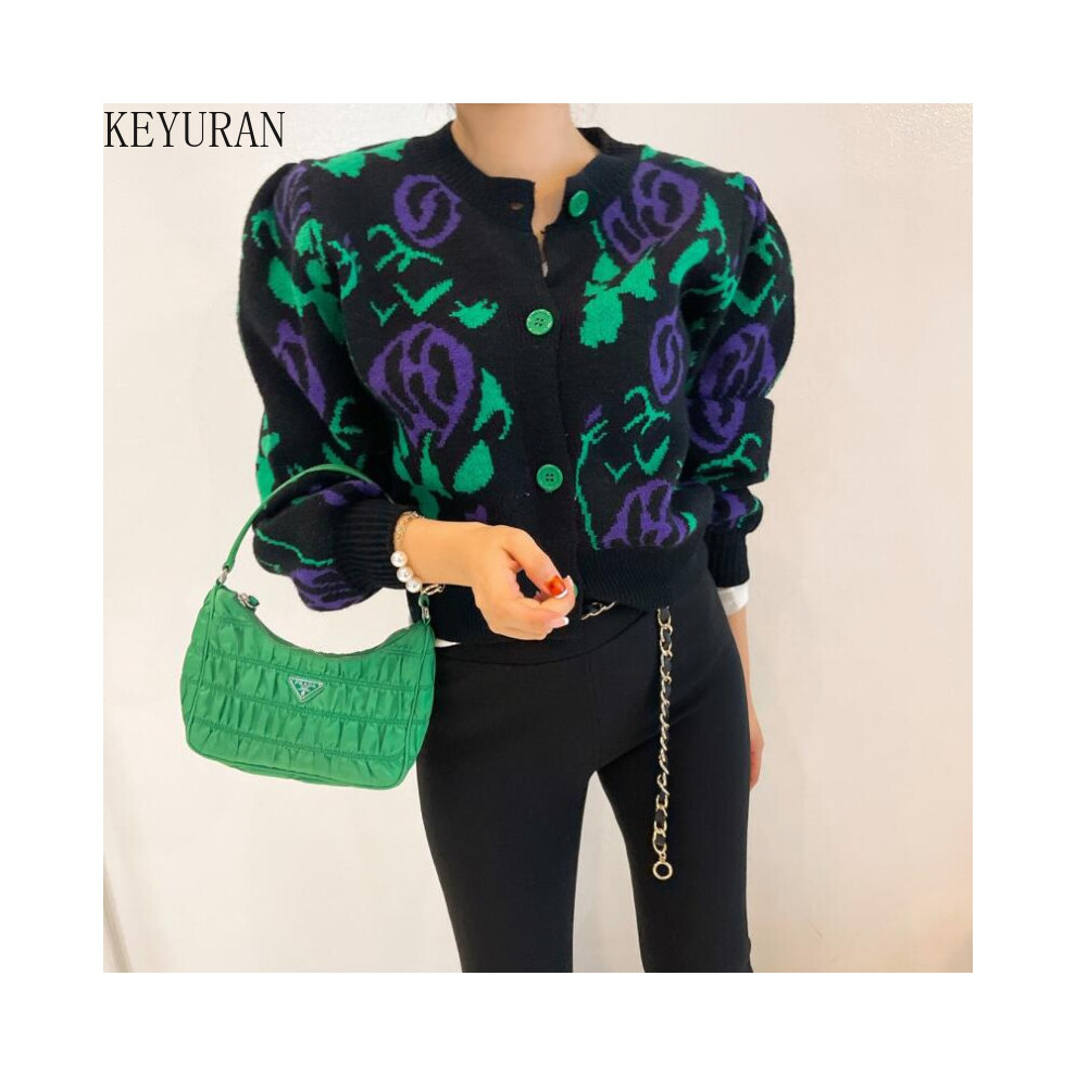 Style Vintage Flower Knitted Cardigan Crop Top Autumn Winter O-Neck Long Sleeve Short Puff Sleeve Sweaters for Women-image-OPC-PBQJCYV-NEW