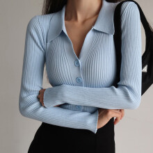 Autumn Slim Solid Knitted Tops Women Casual Long Sleeve Lapel Collar Stretch Ribbed Sweater Polo Pull Femme ?????????
