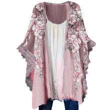 Women Floral Print Cardigan Puff Sleeve Lace Splicing Women Beach Cover-Ups Summer Loose Kimono Cardigan Female Capes Ponchos