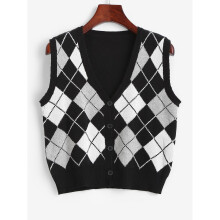 V Neck Argyle Button Up Sleeveless Cardigan Vest Preppy School Girl Intarsia Knit Y2K 2000s Back to School