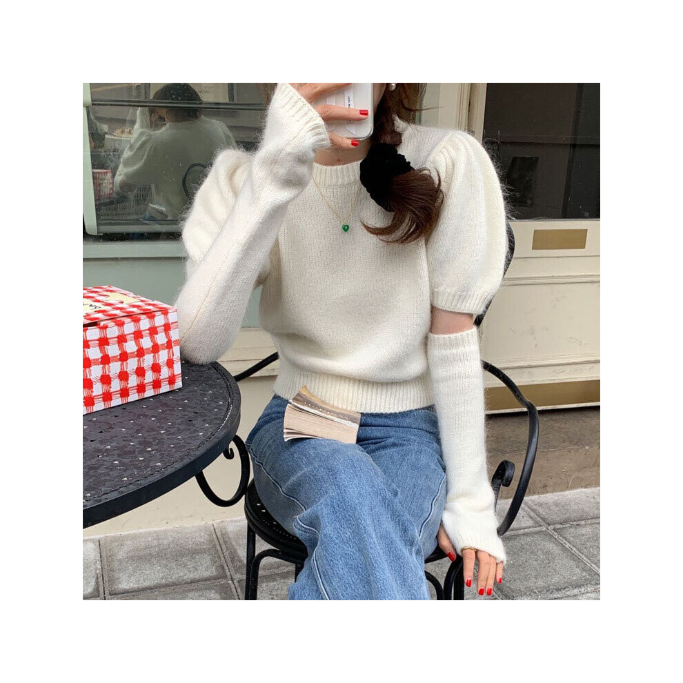 Autumn Winter Puff Sleeve Knitted Sweater Women with Oversleeve Two-piece Set Style Vintage Pull Femme-image-OPC-PBQJGFN-NEW