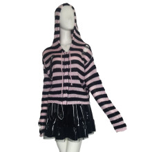 Y2k Girl Zipper Hollow Out Sweaters Gothic Lady Striped Cardigan Short Hooded Sweater Autumn Long Sleeve Red Knitted Top
