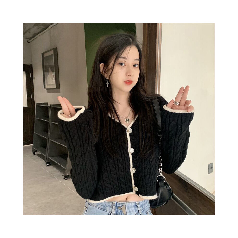 Cropped Sweaters Women V-neck Cardigan Female Patchwork Fall Long Sleeve Knit Outwear Slim Fit Stylish Retro Warm-image-OPC-PBQJGNN-NEW