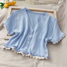 Girls V-neck Short Sleeve Cropped Connected Sweater Cardigans Women's Patchwork Sweet One-piece Sweater Cardigan Crop Tops