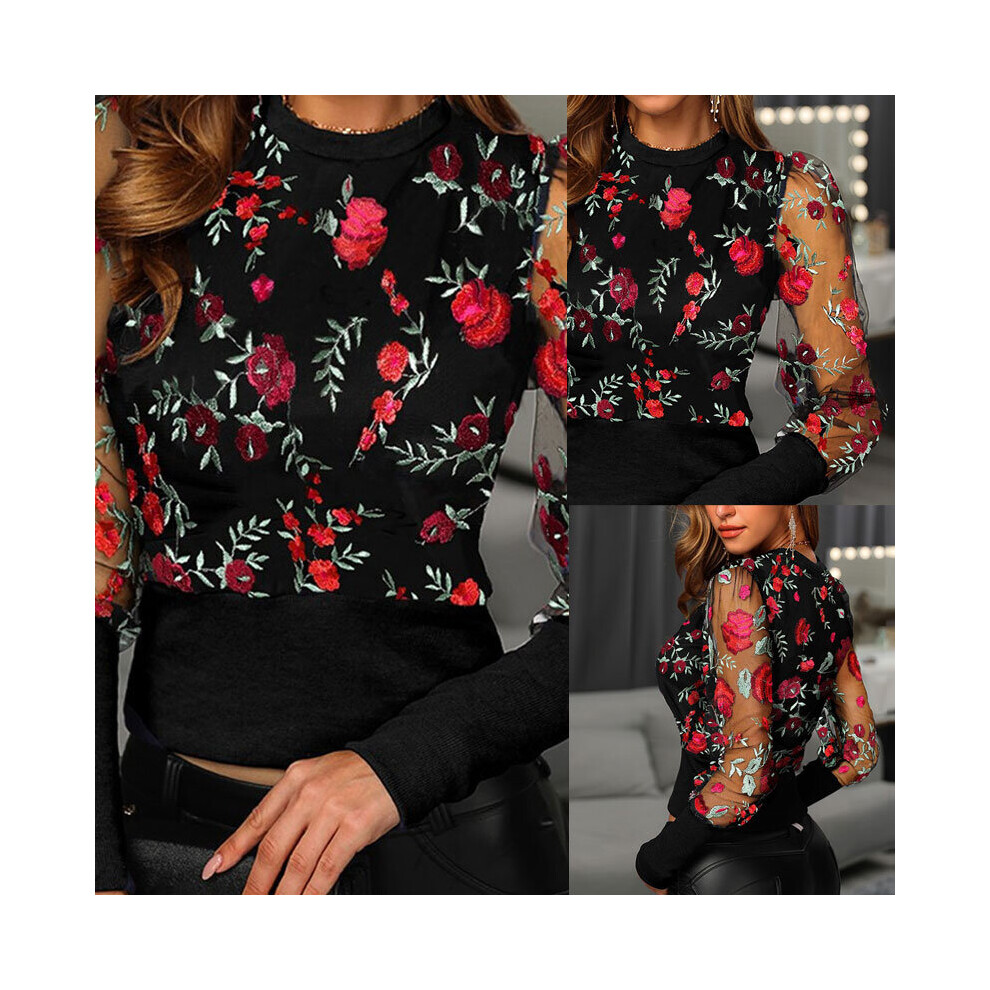 Sexy Women Spring Fall Embroidery Floral Shirt Blouses Tops OL Mesh See Through Puff Long Sleeve Shirt Patchwork Outwear-image-OPC-PBQJHHP-NEW