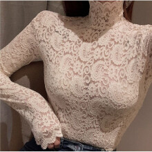Girls Hollow Out Lace Blouses Shirts Tees Female Turtleneck Full Sleeve Back Zipper Elastic Blouses Tops For Women