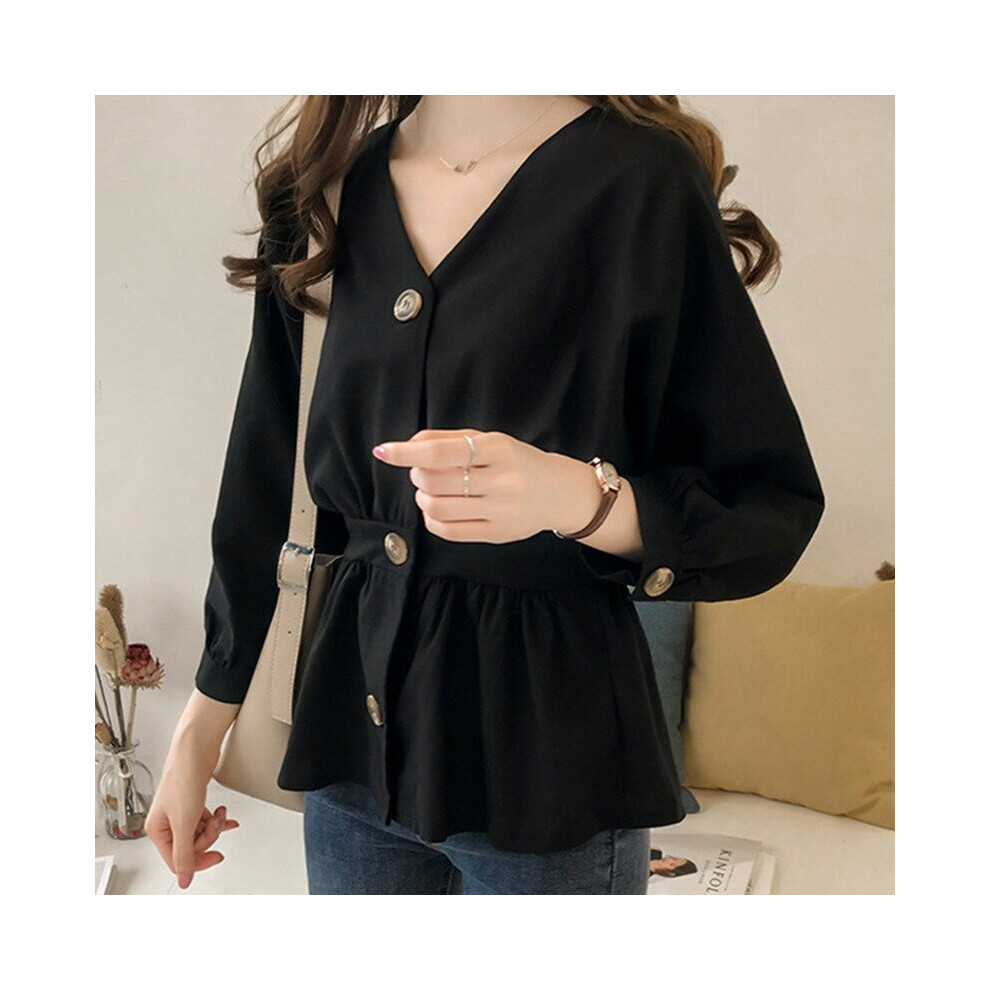 Women's Casual V Neck Button Up Slim Ruffles Waist Long Sleeve Solid Blouse Batwing Sleeve Shirt Women Tops Female Autumn-image-OPC-PBQJJVZ-NEW