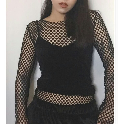 Sexy Women T Shirt See Through Transparent Mesh Tops Long Sleeve Sheer