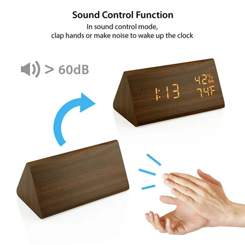 (Brown) Wooden LED Digital Alarm Clock Humidity Displaying 1