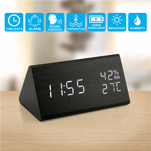 (Black) Wooden LED Digital Alarm Clock Humidity Displaying