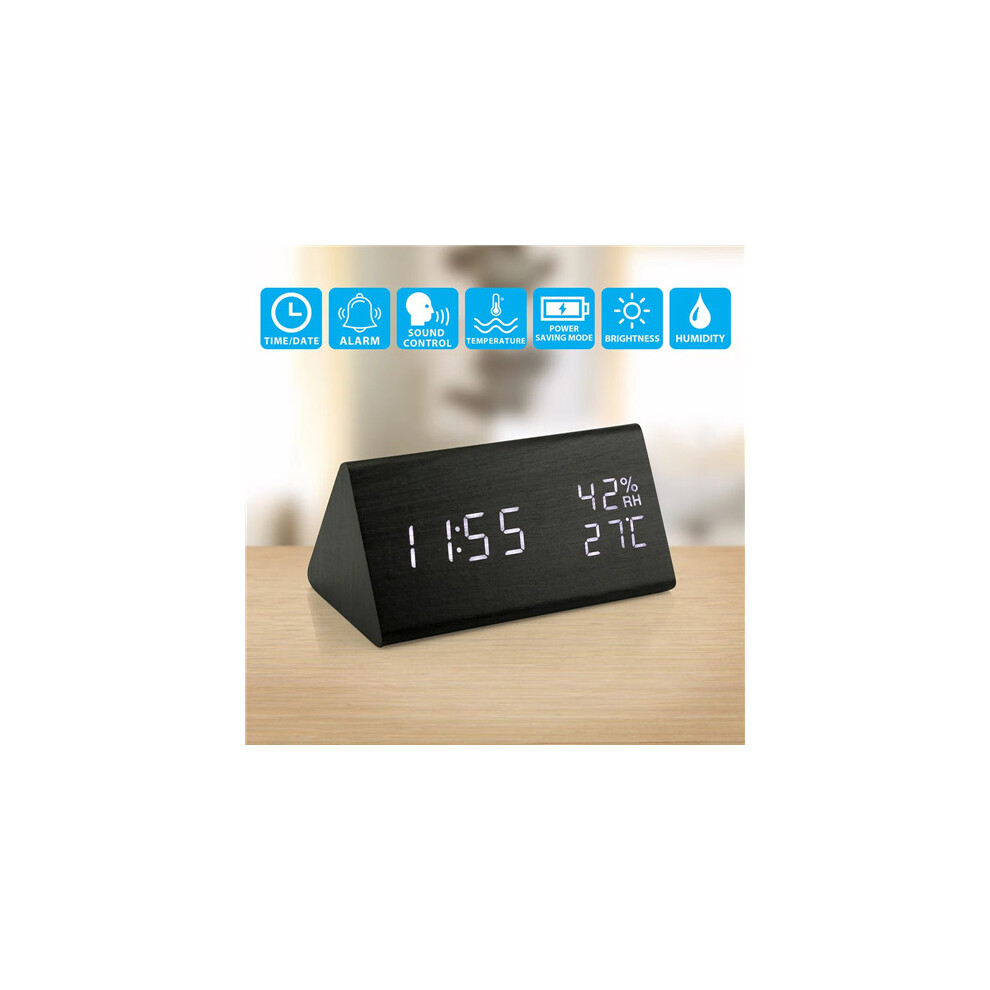 (Black) Wooden LED Digital Alarm Clock Humidity Displaying