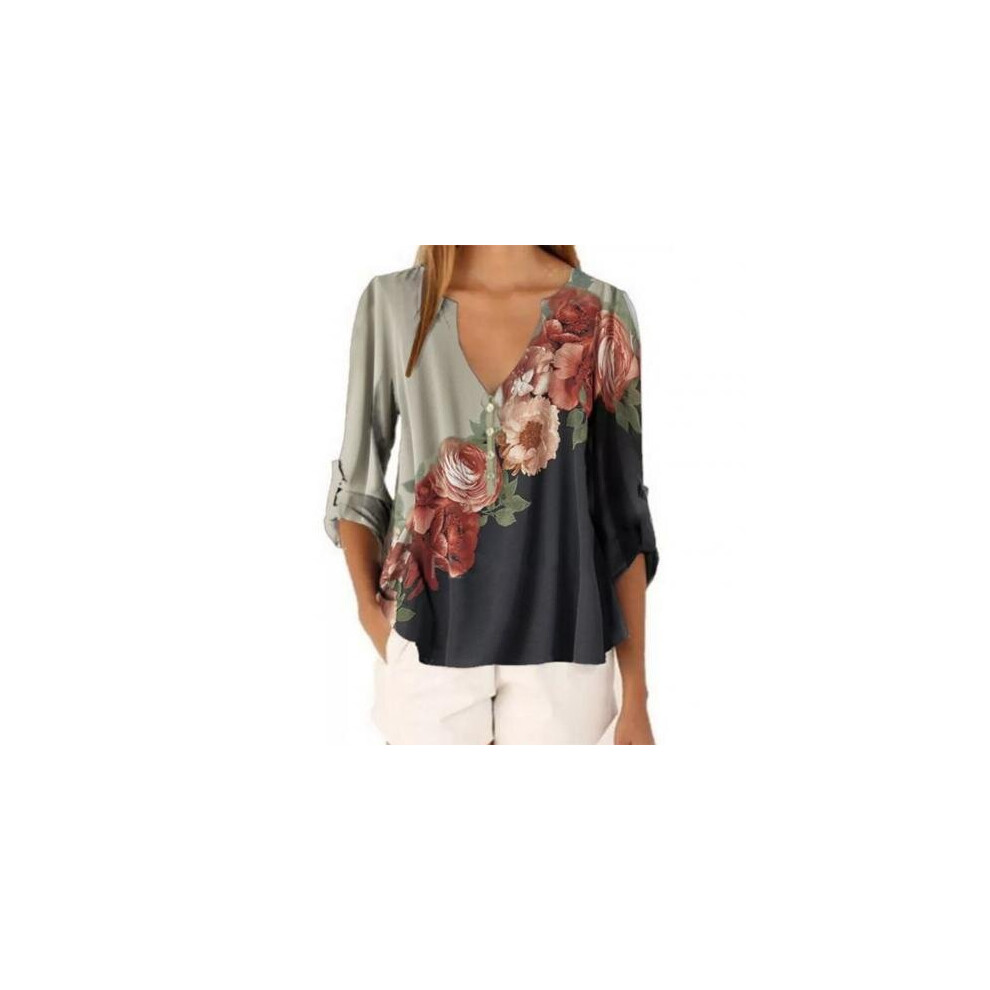 Vintage Women V Neck Long Sleeve Floral Print Block Loose Blouse Top Shirt Female Blusa Tops-image-OPC-PBQJJQV-NEW