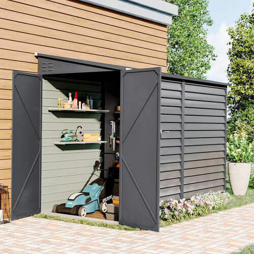 8.8 x 4.7 ft Grey Lean To Metal Garden Storage Shed Outdoor Tool House with Lockable Door