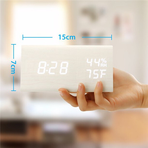 (White) Wooden LED Digital Alarm Clock Humidity Displaying 1
