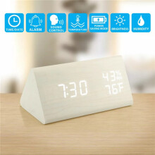 (White) Wooden LED Digital Alarm Clock Humidity Displaying