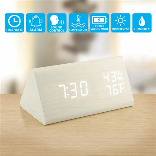 (White) Wooden LED Digital Alarm Clock Humidity Displaying