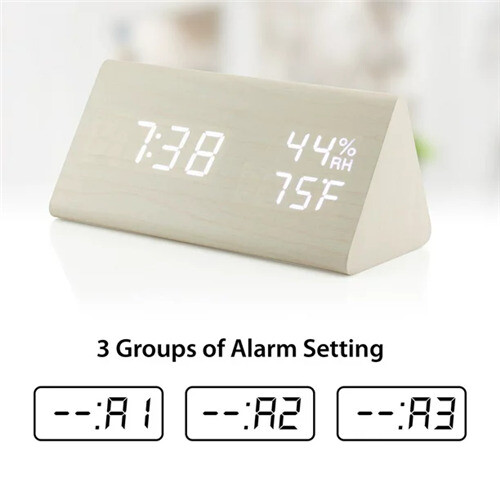 (White) Wooden LED Digital Alarm Clock Humidity Displaying 2