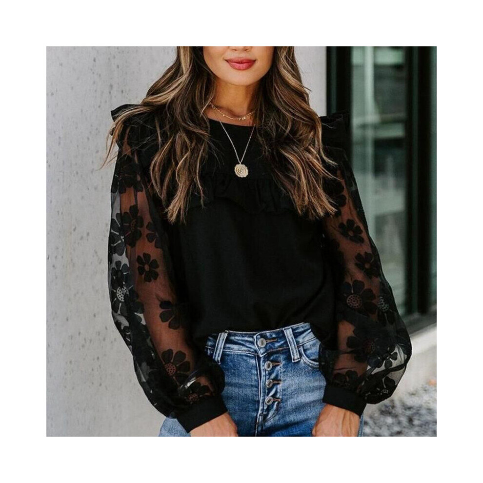 Women's Lady Mesh Blouses O Neck Mesh Ruffles Patchwork Long Sleeve Shirts Sexy Sheer See Through Blouse-image-OPC-PBQJKRH-NEW