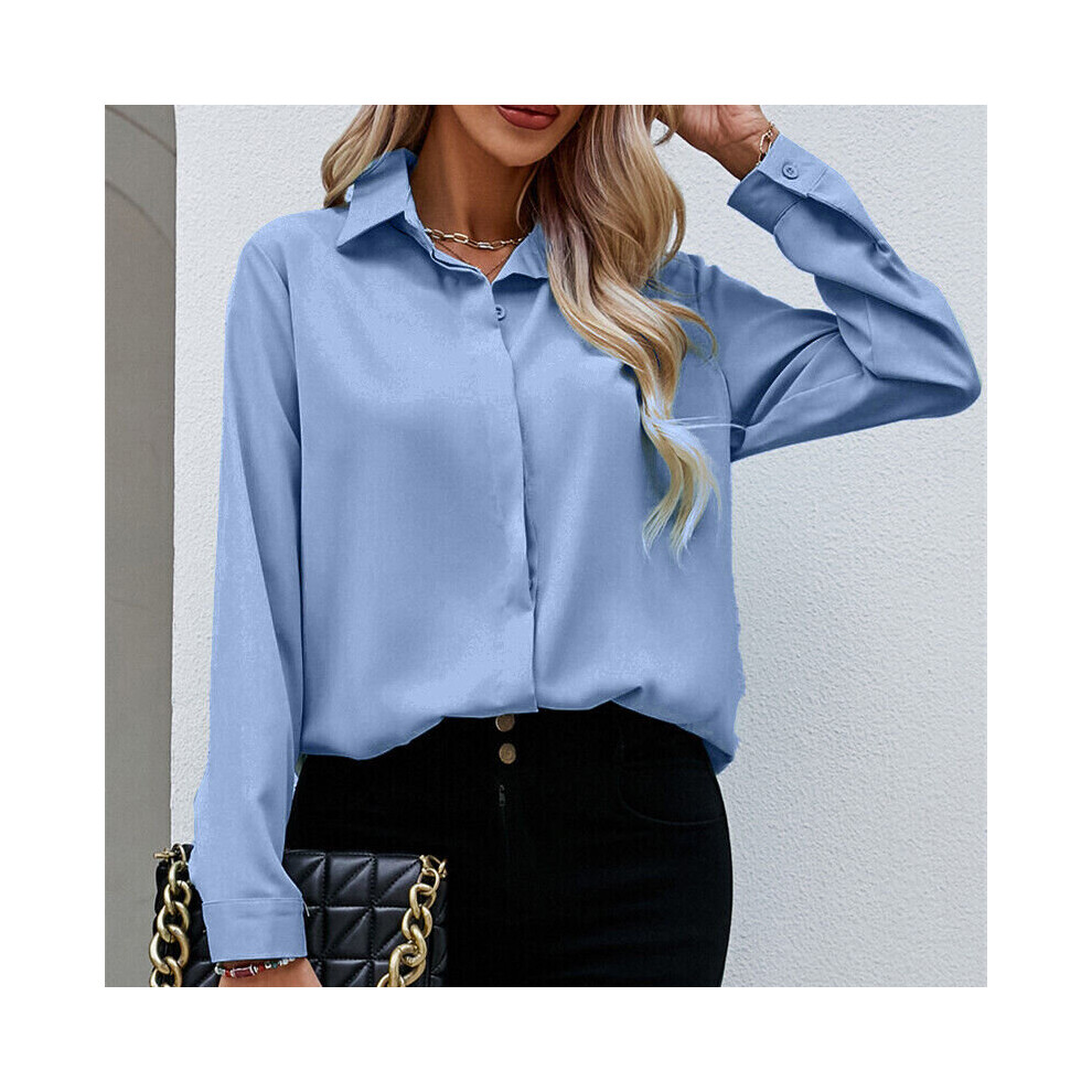 (Sky Blue, Tag Size 2XL=UK Size 14) Womens Long Sleeve Chiffon Shirt Ladies OL Casual Baggy Solid Button-up Blouse