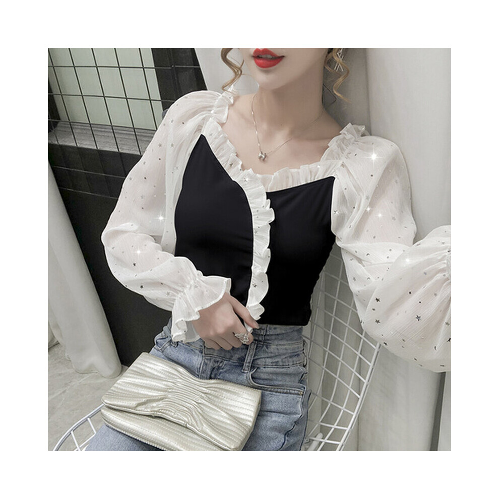 Autumn Vintage Square Collar Blouse Women Pleated Slim-Fit Lantern Sleeve Tops Splicing Long Lantern Sleeve Shirts 11419-image-OPC-PBQJMFV-NEW