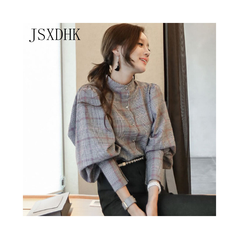 Autumn Woemn Blouse Office Lady Plaid Long Lantern Sleeve Formal Back Bow Stand Collar Shirt Tops-image-OPC-PBQJNJB-NEW