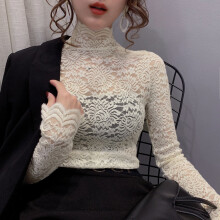 Girls Lace Blouses Shirts Tees Female Turtleneck Hollow Out Full Sleeve Semi-transparent Base Blouses Tops For Women