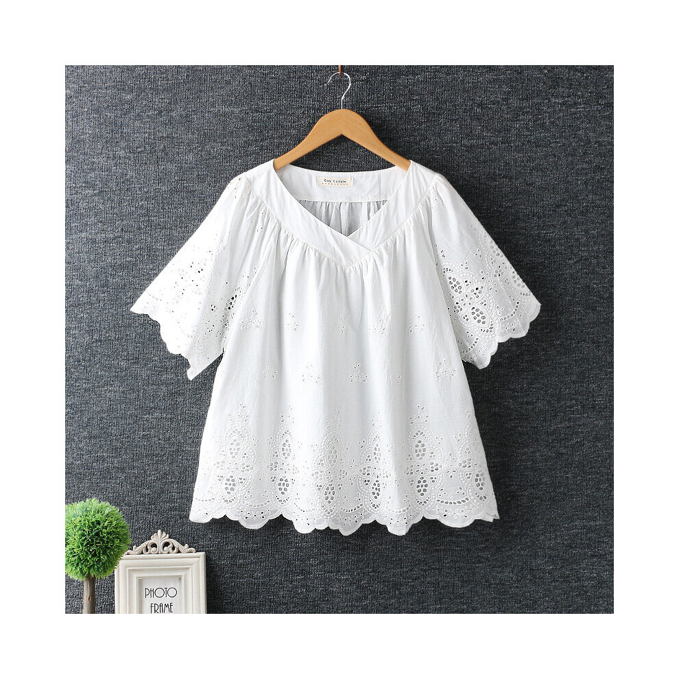Summer Women Hollow Out Embroidery V-neck Short Sleeve Shirt Blouse Women Mori Girl Loose Blouse-image-OPC-PBQJPHK-NEW