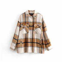 Stylish Sweet Pink Plaid Woolen Blouse Girls Autumn Pockets Thick Warm Turn-Down Collar Shirts