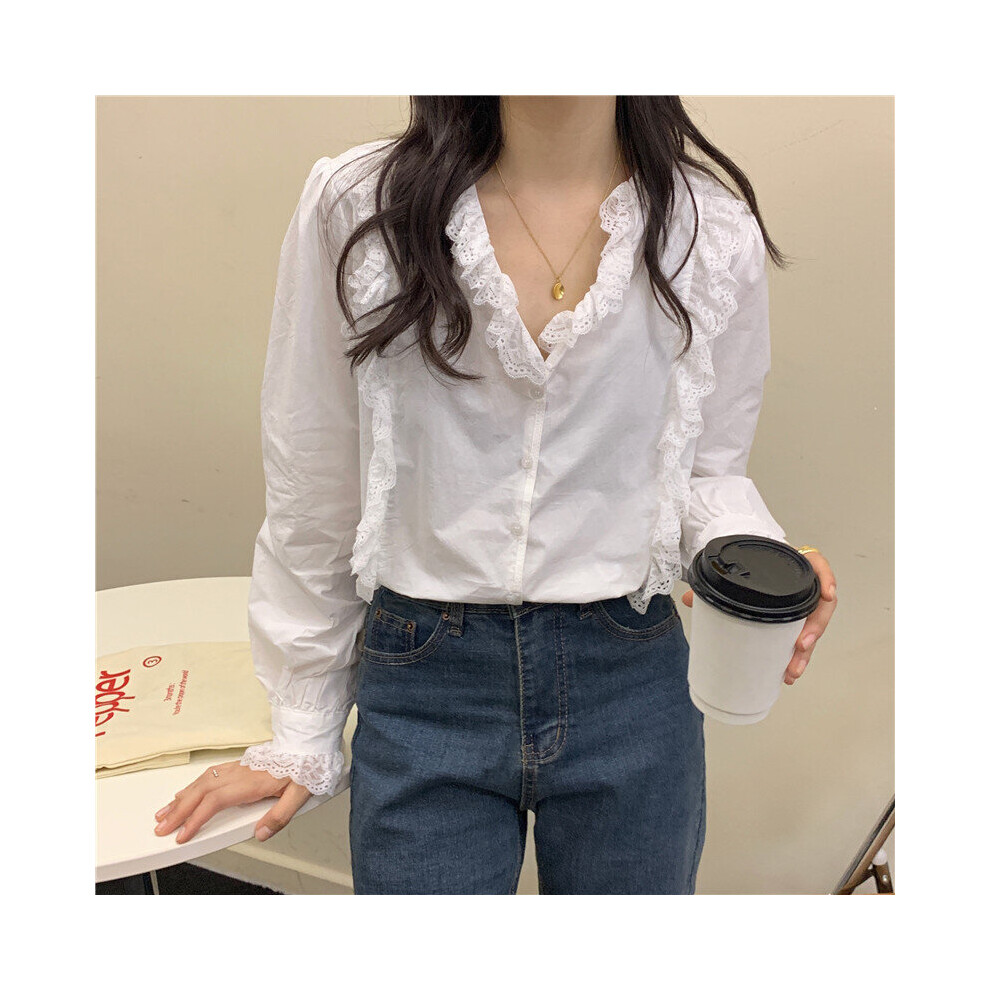 Autumn All-match Sweet Lace Stitching Long Sleeve Women's Blouse Style V-Neck Solid Puff Sleeve Shirt Blusas 10863-image-OPC-PBQJPH9-NEW