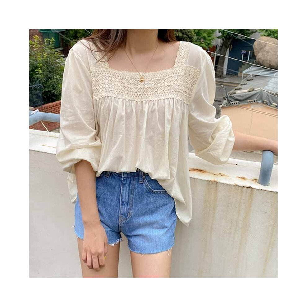 Women Splicing Solid Loose Casual Shirt Slim Fit Tops Lace Square Collar Pullover Retro Sweet Long Sleeve Blouse Blusas 11270-image-OPC-PBQJPJH-NEW