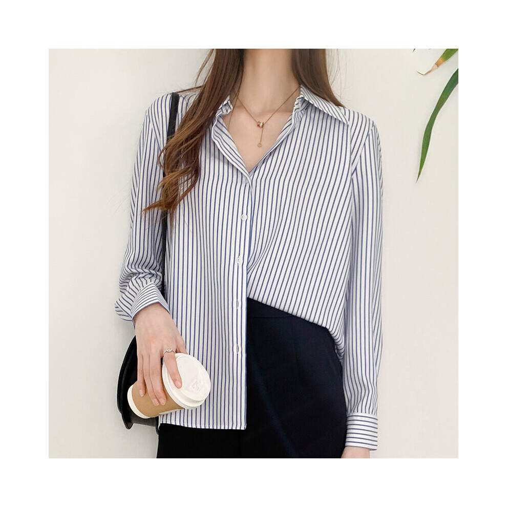 Loose Chiffon Striped Turn-down Collar Tops Long Sleeve Wild Women's Shirts Women Autumn Cardigan Blouse 11251-image-OPC-PBQJMGS-NEW