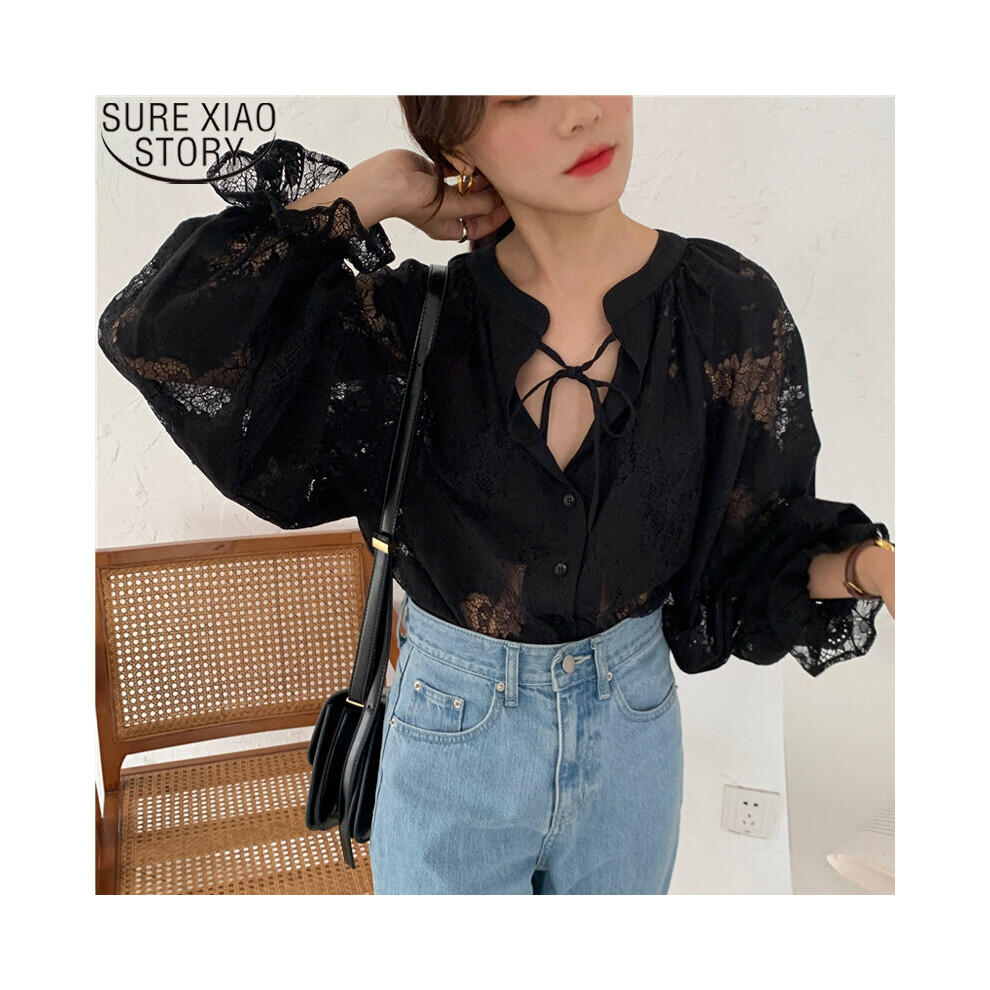 Autumn Lace Blouse Women Lantern Sleeve V-neck Shirts Women Loose Button Cardigan Sexy Tops Women Blusas 10202-image-OPC-PBQJMJG-NEW