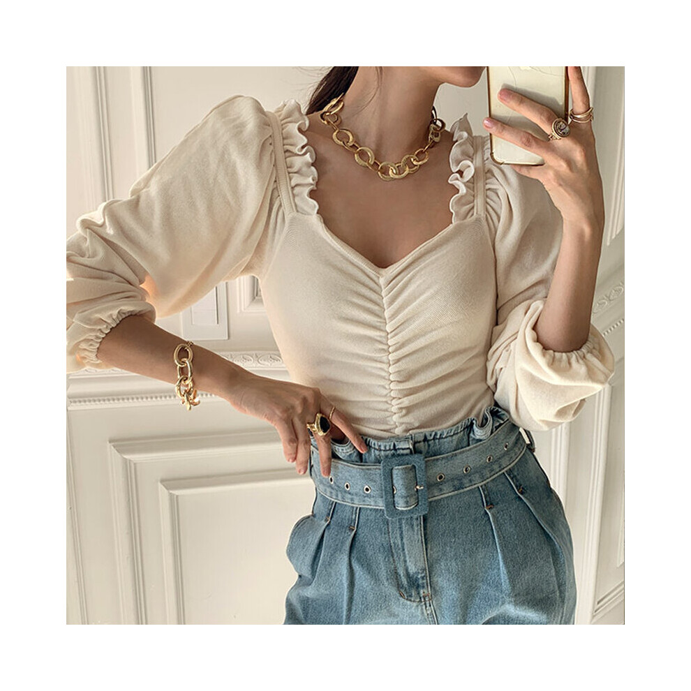 Autumn Sexy Square Collar Blouse Women Splicing Pleated Puff Sleeve Shirt Lady Curled Slim Solid T-shirt 12904-image-OPC-PBQJQN5-NEW