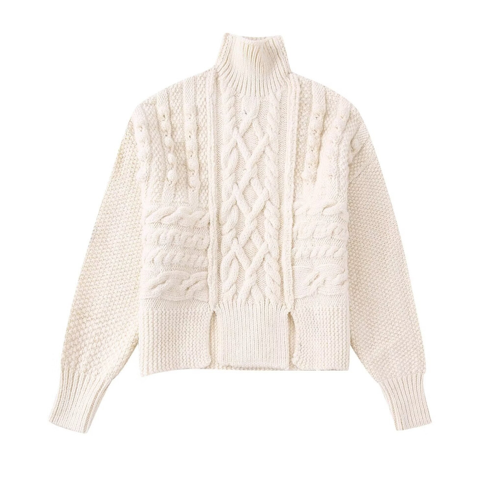 TRAF Women Thicken Warm Cropped Cable-Knit Sweater Vintage High Neck Long Sleeve Female Pullovers Tops-image-OPC-PBQJRVM-NEW