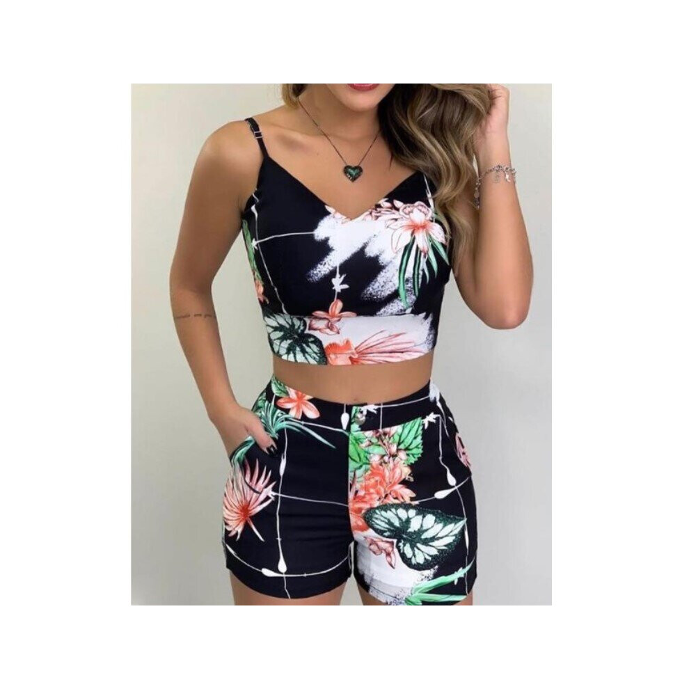 Contrasting Print Suit Two-piece Women's Tropical Print Suspender Top and Fashionable Street Casual Shorts Suit Female Summer-image-OPC-PBQJSW6-NEW