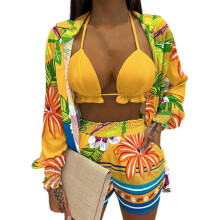 3pcs Printed Shorts Sets Womens Outfits Summer Sexy Outfits for Woman Shirts Coat Halter Top Shorts 3 Piece Set Women Tracksuits