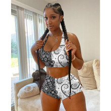 Bandana 2Pcs Tracksuit Women Summer Multicolor Printing Low-Cut Crop Tops + Elastic Waist Shorts for Girls