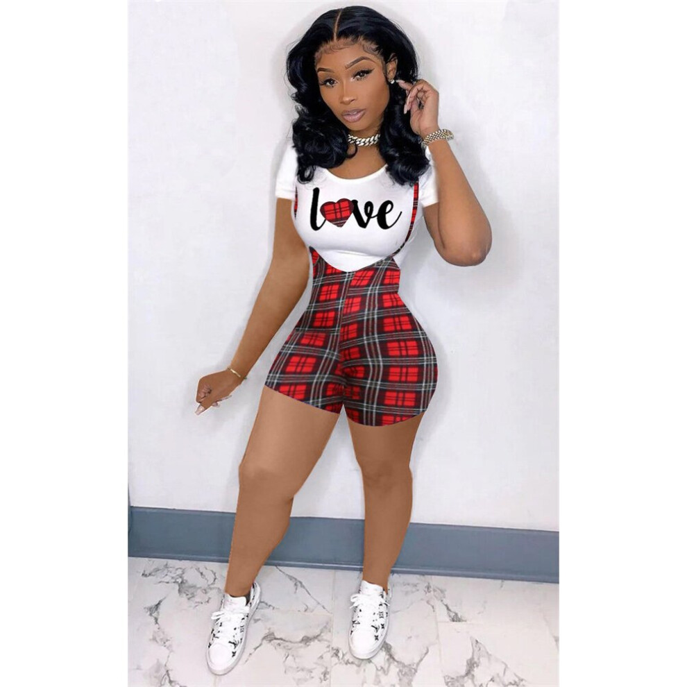 Two Piece Set Women Short Sleeve T-shirt Plaid Print Overalls Rompers Jumpsuits Streetwear Casual Shorts Sets Outfits-image-OPC-PBQJVK9-NEW
