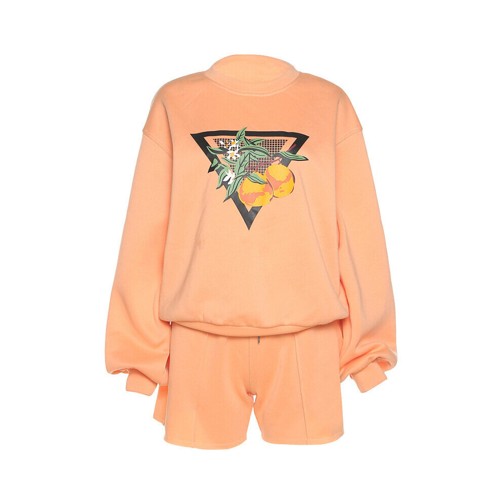 Two-Piece Set Autumn Printed Loose Long Sleeve Pullover Sweater + Tied Elastic Waist Shorts Solid Women's Leisure Suit-image-OPC-PBQJW5N-NEW