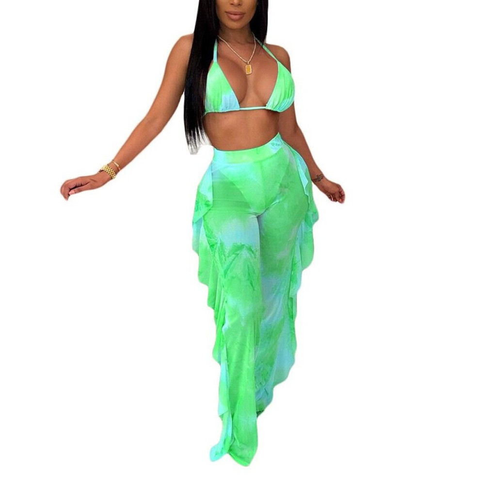 See-Through Women's Beach Bra Trousers Deep V-Neck Printed Clothes Lace-up Tops Loose Flowing Pants Summer Clothes Set-image-OPC-PBQJW9C-NEW