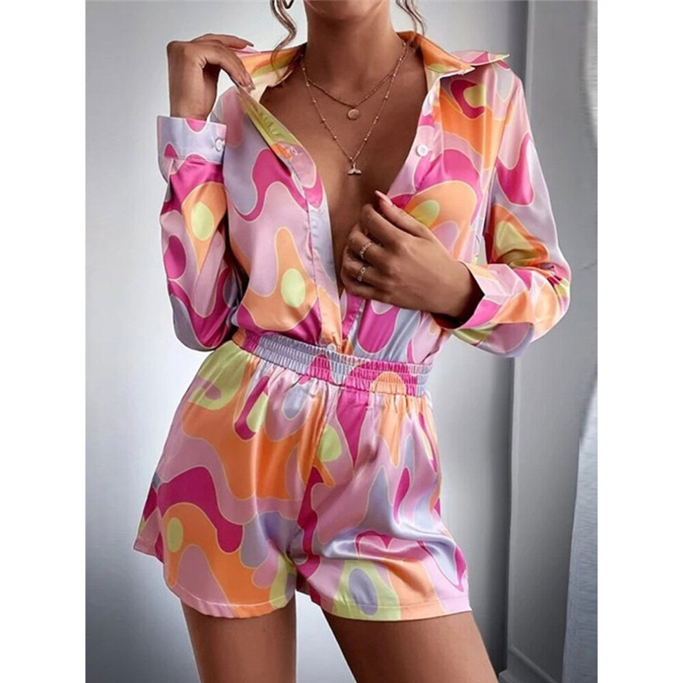 Women Satin Print Shirt Shorts 2 Piece Set Casual Long Sleeve Lapel Shirts Suit Female Elastic High Waist Shorts Outfits-image-OPC-PBQJWN6-NEW