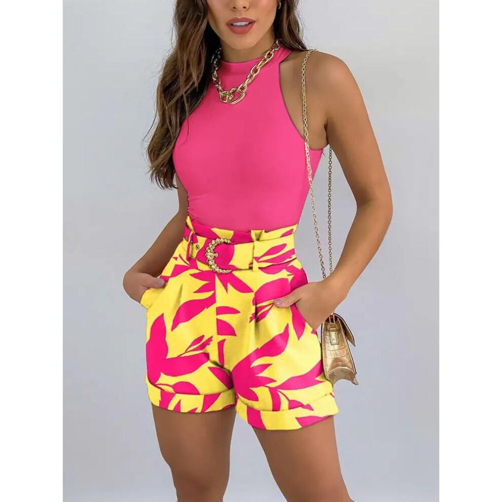 Plain Sleeveless Tank Tops & Plants Print Shorts Set with Belt Summer Women Two Piece Set-image-OPC-PBQJWMC-NEW