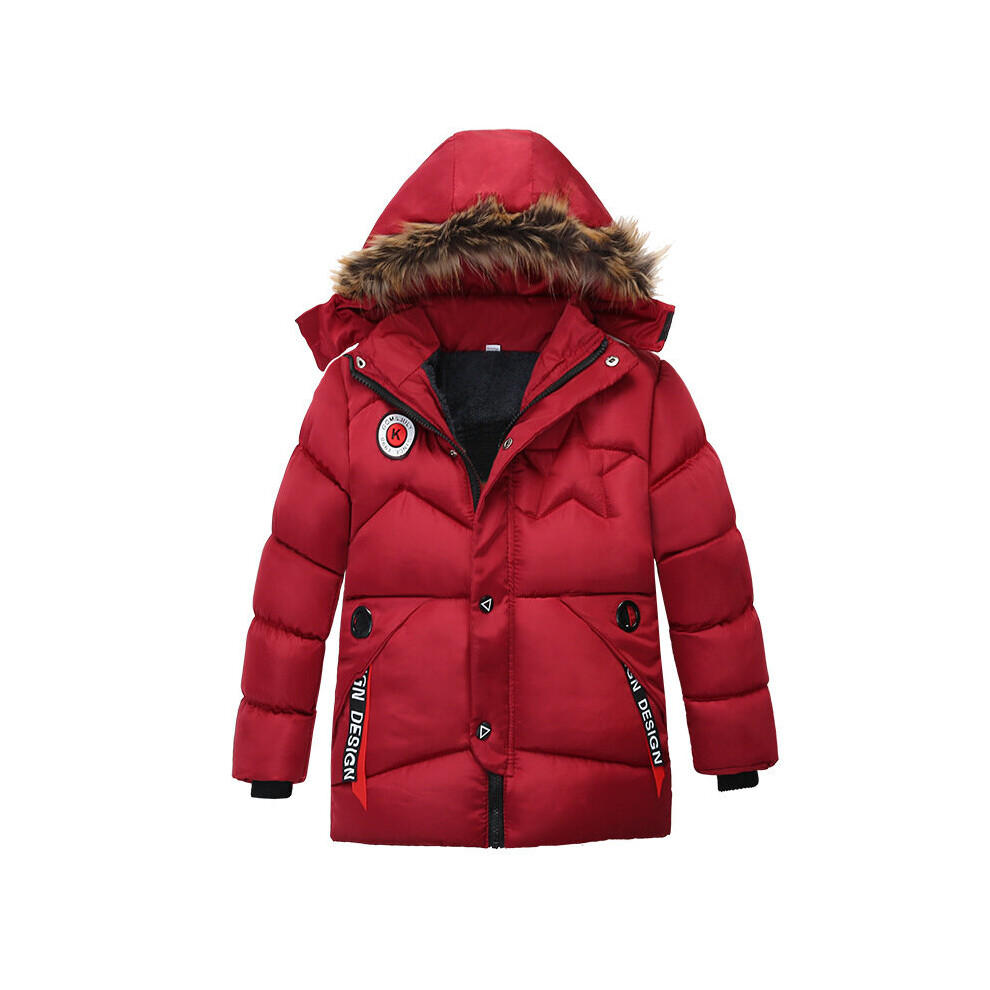 (Red, 6-7 Years) Kids Boys Winter Padded Jacket Fur Hooded Coat UK