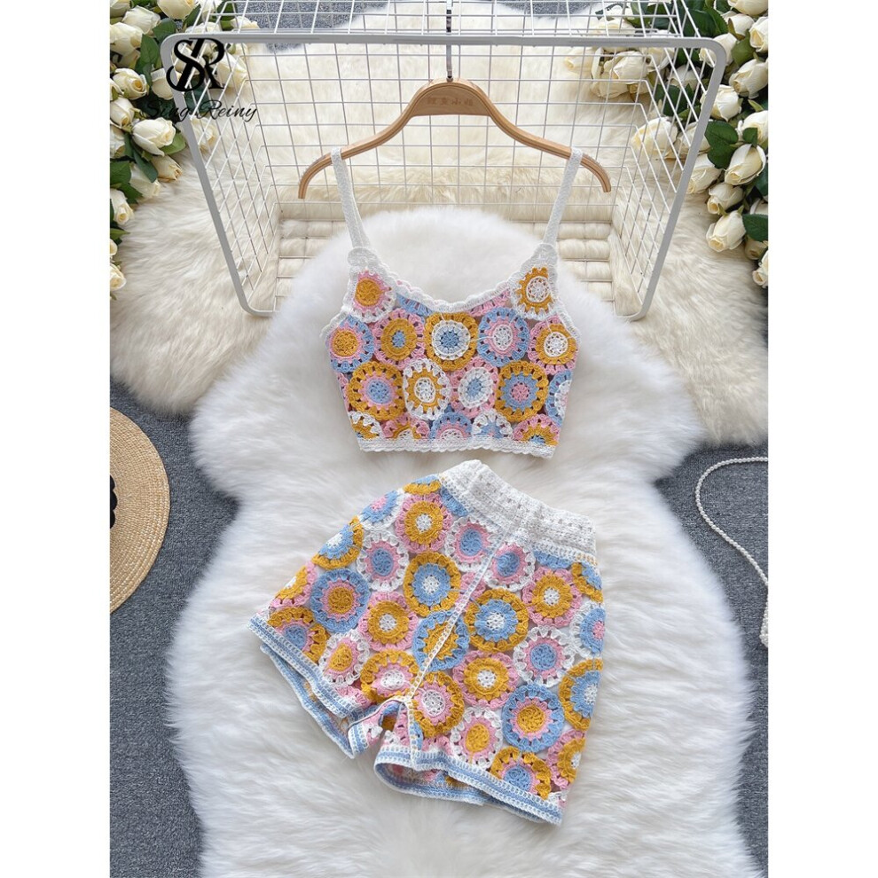SINGREINY Knitted Floral Women Set Hollow Out Backless Summer Elastic Waist Mini Shorts Ladies Two Piece Set-image-OPC-PBQJXTH-NEW