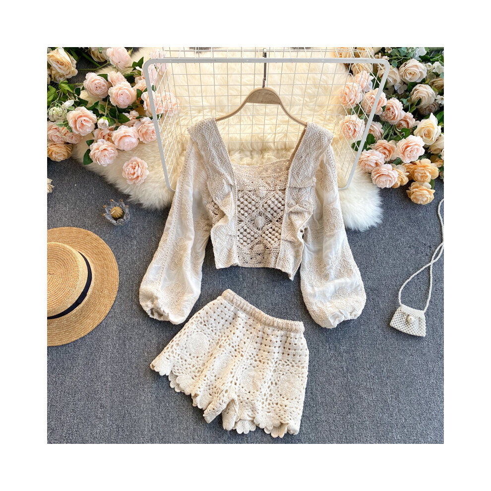 Gagarich Women Set Spring Autumn European Retro Grid Hollow Ruffled Square Neck Puff Sleeve Top Wide Leg Shorts Sweet Suits-image-OPC-PBQJXXQ-NEW