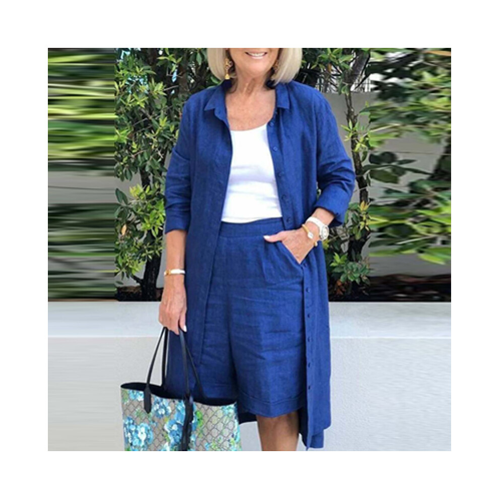 Retro Plain Cotton Linen 2pcs Set Women Spring Single Breasted Button Long Shirts and Half Pants Suit Autumn Pocket Lady Outfits-image-OPC-PBQK5JB-NEW