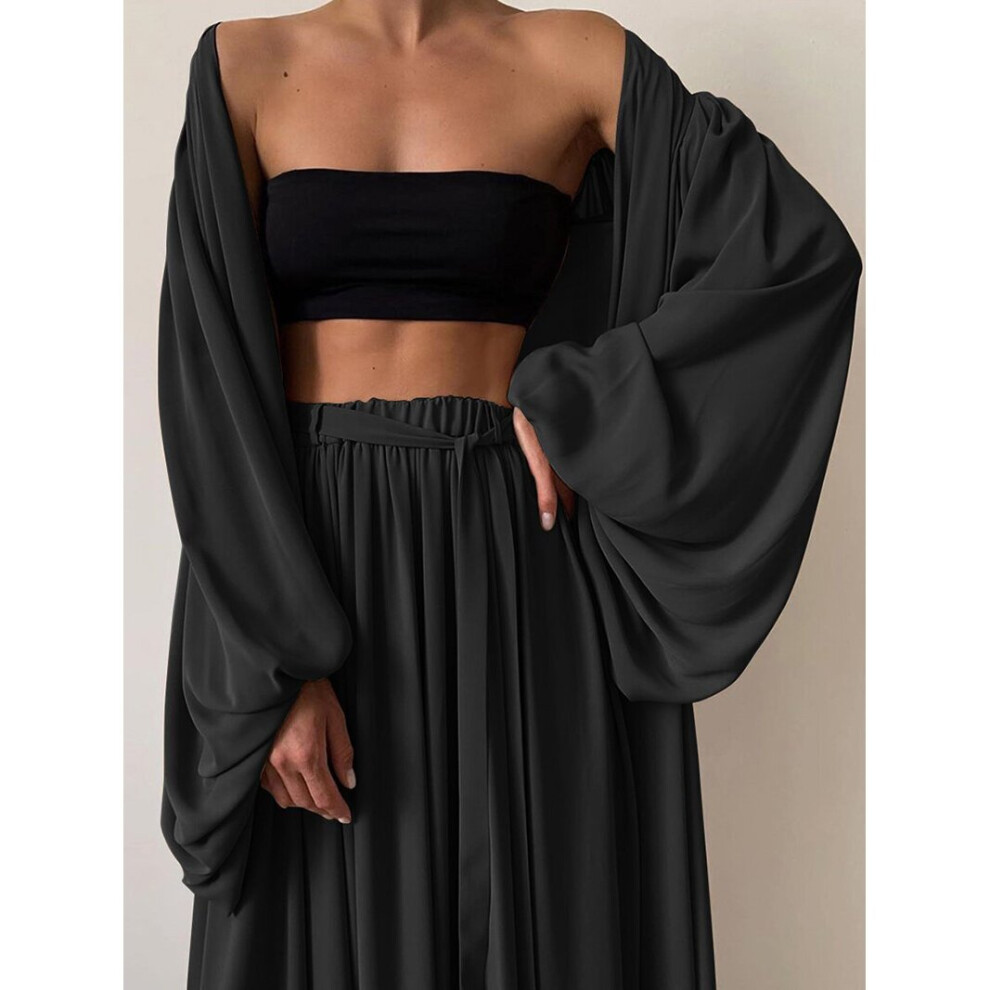 Fitshinling Lazy Style Oversized Women Matching Sets 3 Pieces Suits Vintage Lantern Sleeve Wide Leg Pants Outfits-image-OPC-PBQK6R9-NEW