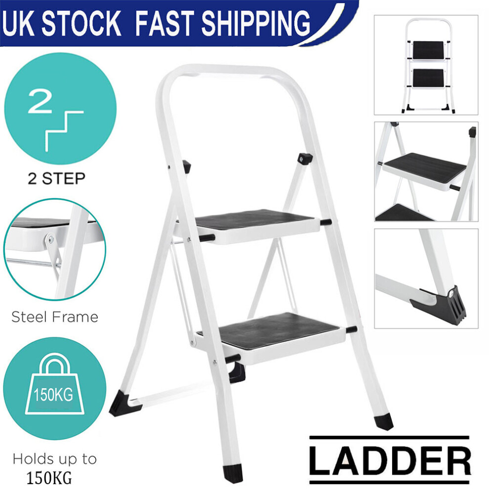 2 Step Ladder Folding Stool Heavy Duty 150kg Capacity Industrial Lightweight