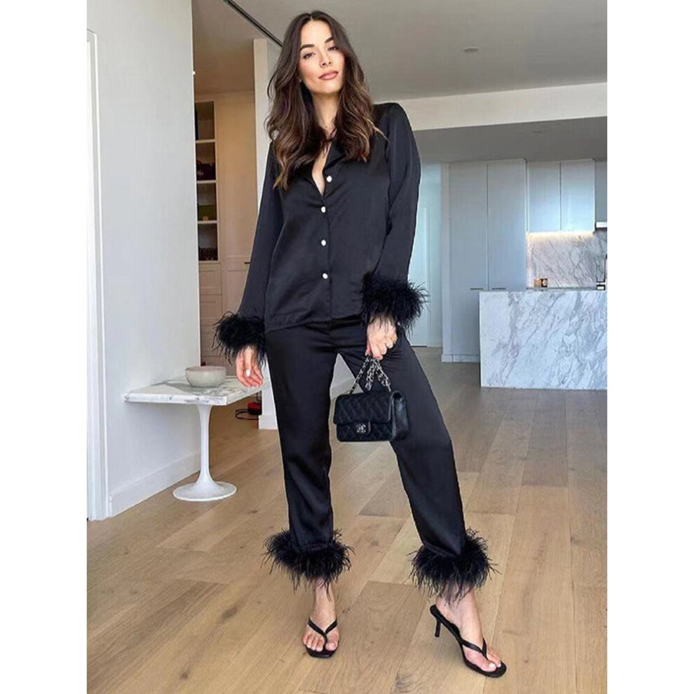 Two Piece Set Women Feather Trim Casual Pant Sets Long Sleeve Tops Blazer Straight Pants Female Fall 2Pcs Set on OnBuy